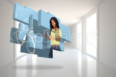 Composite image of student using tablet on abstract screen