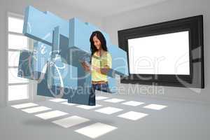 Composite image of student using tablet on abstract screen