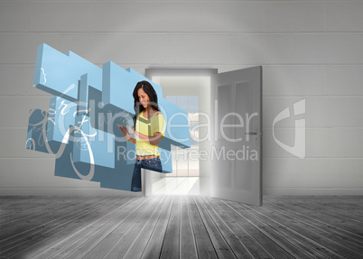 Composite image of student using tablet on abstract screen