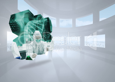 Composite image of scientists on abstract screen