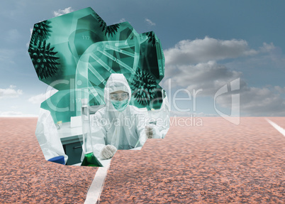 Composite image of scientists on abstract screen