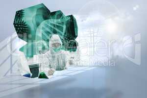 Composite image of scientists on abstract screen