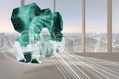 Composite image of scientists on abstract screen