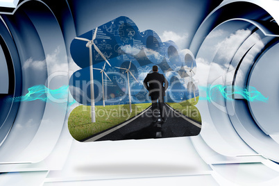 Composite image of businessman on road on abstract screen