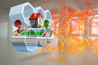 Composite image of house on a map on abstract screen