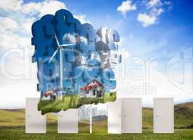 Composite image of houses with wind turbines on abstract screen