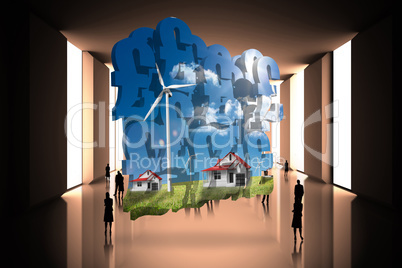 Composite image of houses with wind turbines on abstract screen