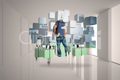 Composite image of light bulb student on abstract screen