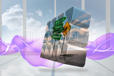 Composite image of signposts on abstract screen