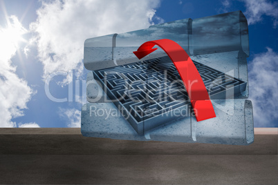 Composite image of arrow over maze on abstract screen