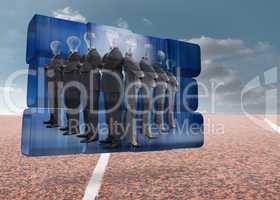 Composite image of light bulb business people on abstract screen