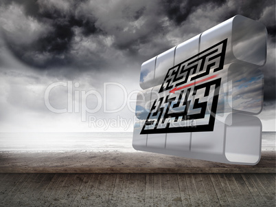 Composite image of arrow going through maze on abstract screen