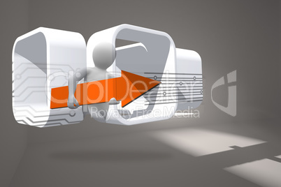 Composite image of figure with orange arrow on abstract screen