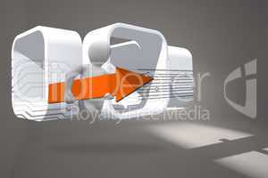 Composite image of figure with orange arrow on abstract screen