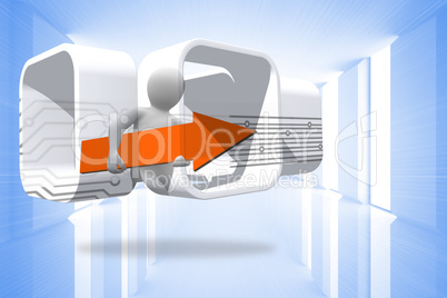 Composite image of figure with orange arrow on abstract screen