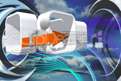 Composite image of figure with orange arrow on abstract screen