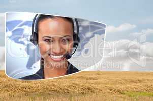 Composite image of call centre agent on abstract screen