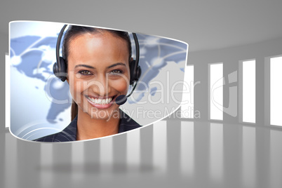 Composite image of call centre agent on abstract screen