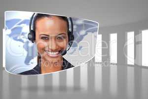 Composite image of call centre agent on abstract screen