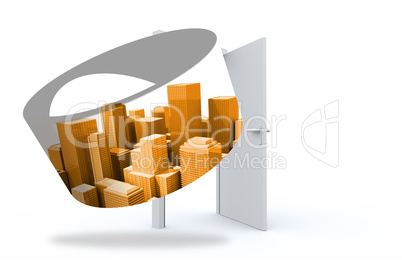 Composite image of orange cityscape on abstract screen