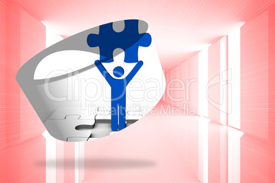 Composite image of figure holding jigsaw piece on abstract scree