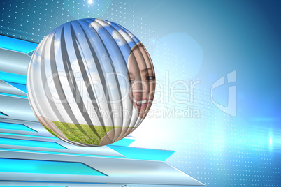 Composite image of smiling woman in field on abstract screen