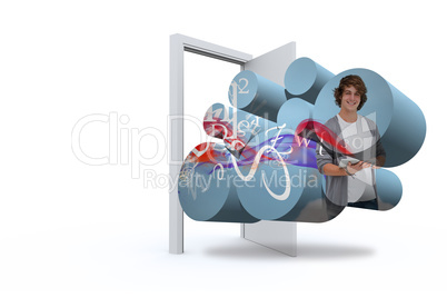 Composite image of student with tablet on abstract screen