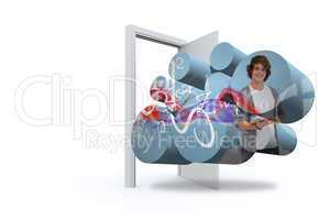 Composite image of student with tablet on abstract screen