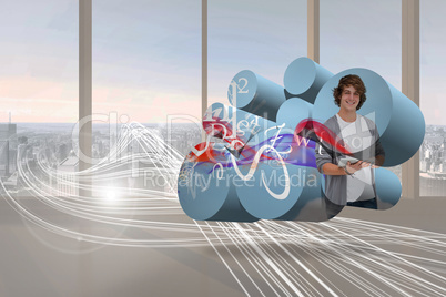 Composite image of student with tablet on abstract screen