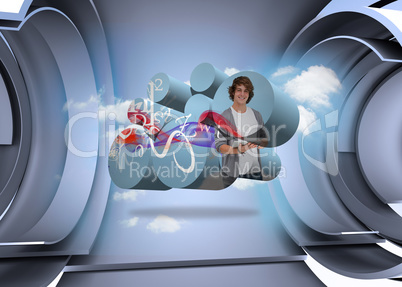 Composite image of student with tablet on abstract screen