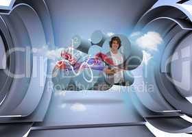 Composite image of student with tablet on abstract screen