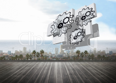 Composite image of cogs and wheels on abstract screen