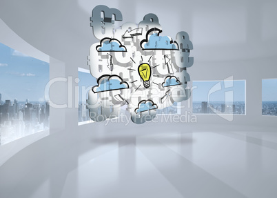 Composite image of light bulb and clouds on abstract screen