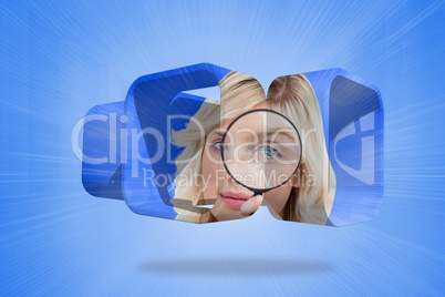 Composite image of blonde holding magnifying glass on abstract s