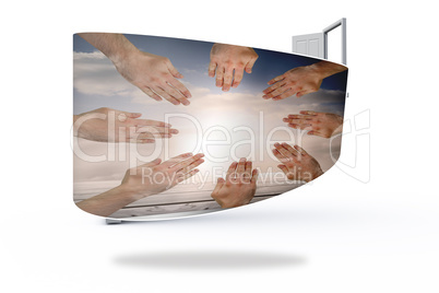 Composite image of hands together on abstract screen