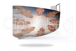 Composite image of hands together on abstract screen