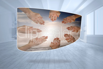 Composite image of hands together on abstract screen