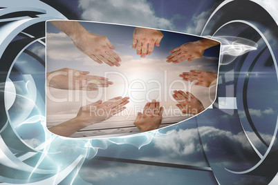 Composite image of hands together on abstract screen