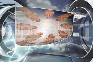 Composite image of hands together on abstract screen