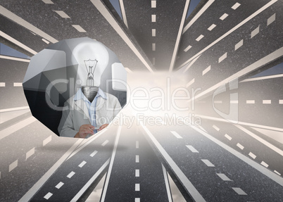 Composite image of light bulb man on abstract screen