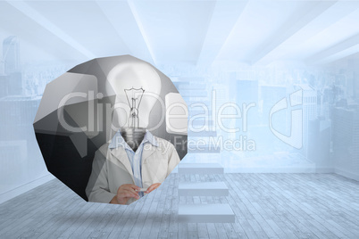 Composite image of light bulb man on abstract screen