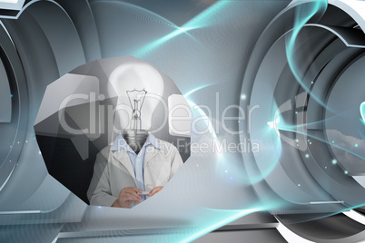 Composite image of light bulb man on abstract screen