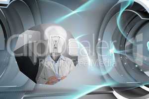 Composite image of light bulb man on abstract screen