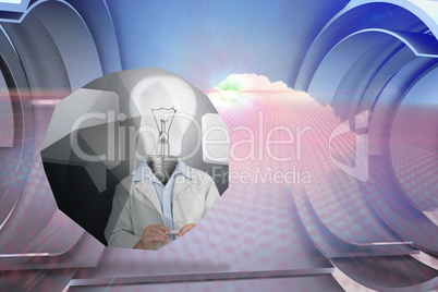 Composite image of light bulb man on abstract screen