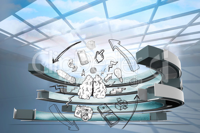 Composite image of media brainstorm in a curved structure
