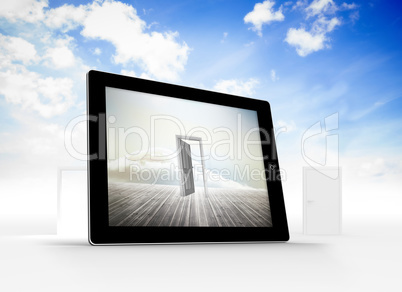 Composite image of open door on tablet screen