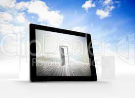 Composite image of open door on tablet screen