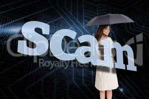 Businesswoman holding umbrella behind the word scam