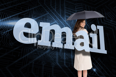 Businesswoman holding umbrella behind the word email
