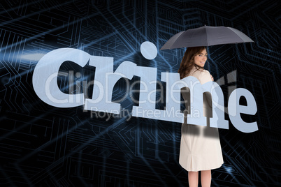 Businesswoman holding umbrella behind the word crime